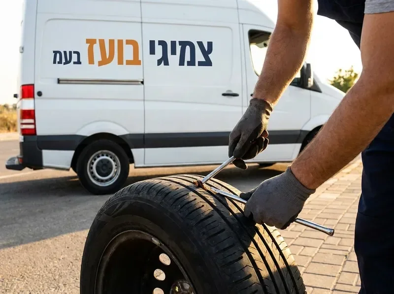 תיקון צמיג בשטח לצד ניידת שירות של צמיגי בועז