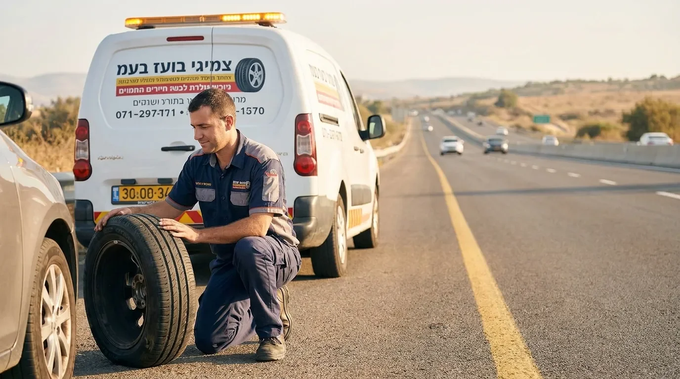 טכנאי צמיגים נייד מעניק סיוע בכביש