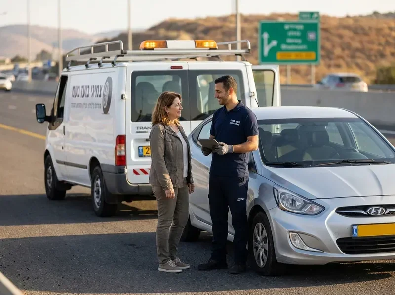 טכנאי צמיגים משוחח עם נהגת בצד הדרך